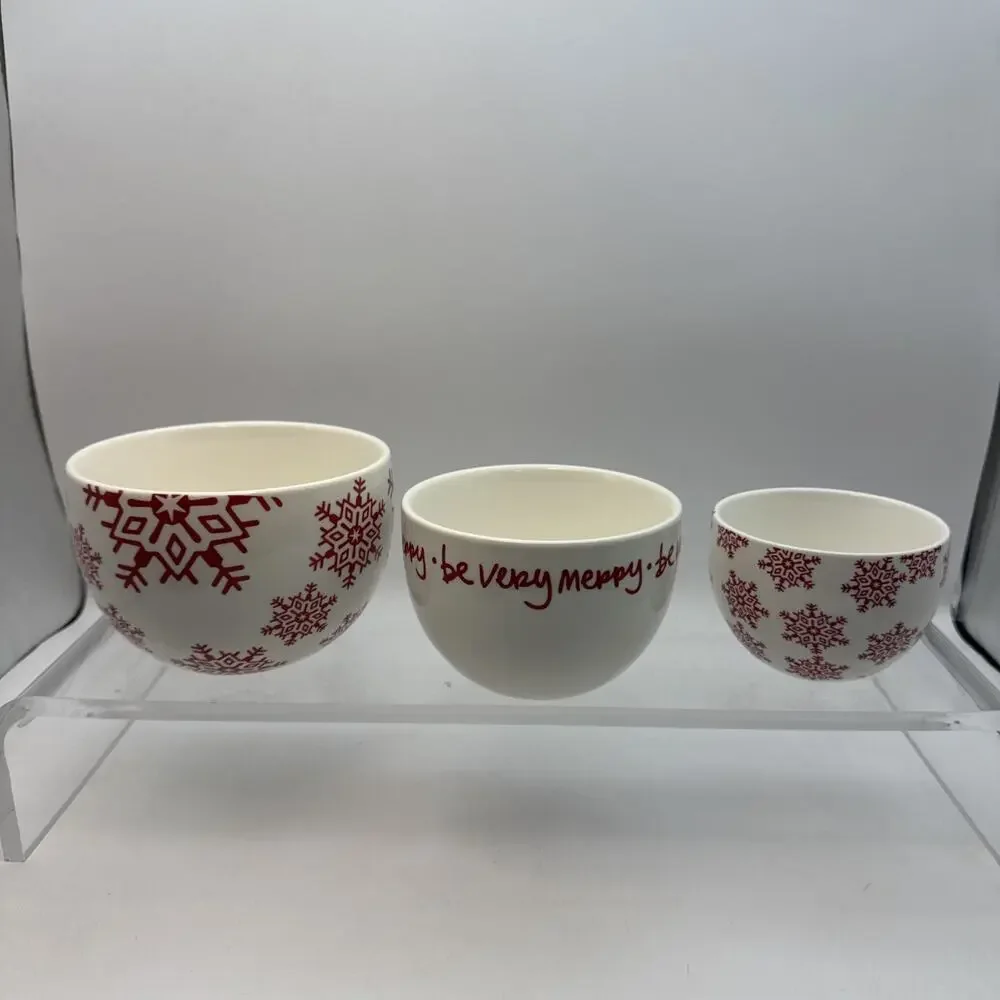 Crate & Barrel Snowflake 3 Nesting Bowls Red White Nordice READ